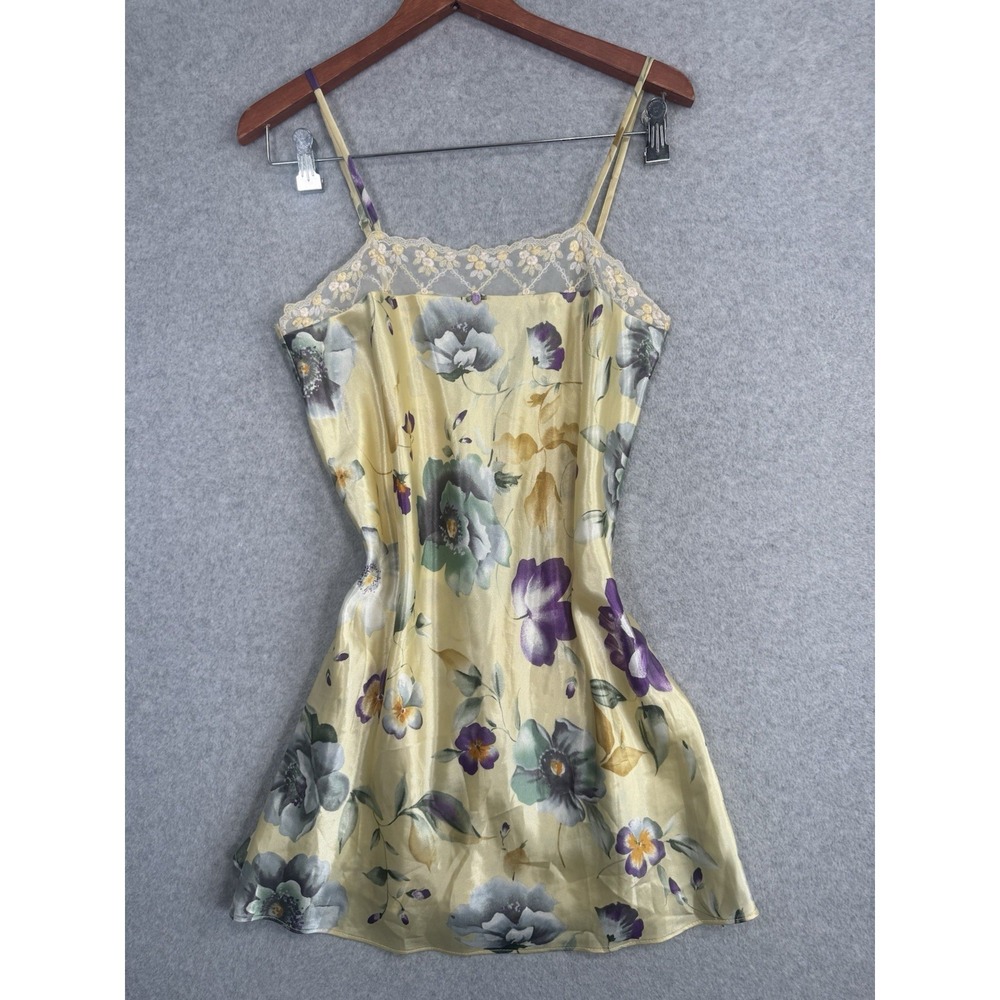 California Dynasty VTG Floral Satin Chemise Slip Dress Lace Trim M USA 90s